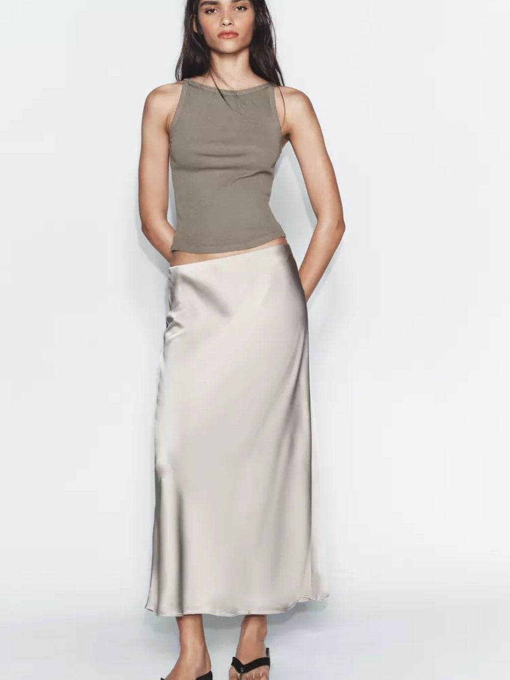 Zara Satin Maxi Skirt in Light Cream